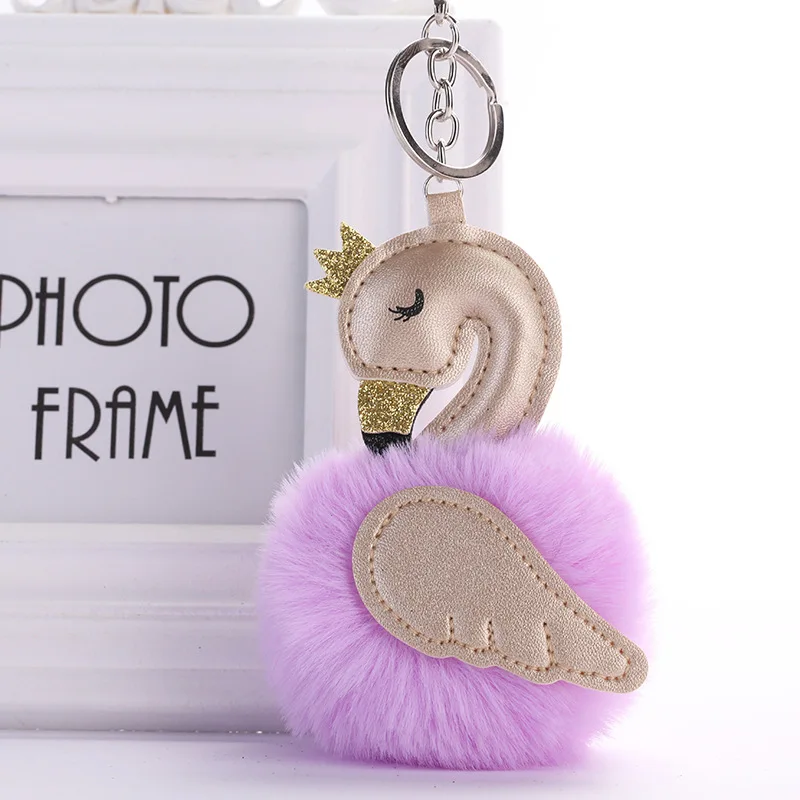 

Cute Pink Flamingo Pompom Keychain Women Rabbit Fur Swan Car Key Ring Holder Bag Charm Pendant Accessories Best Friend Gift