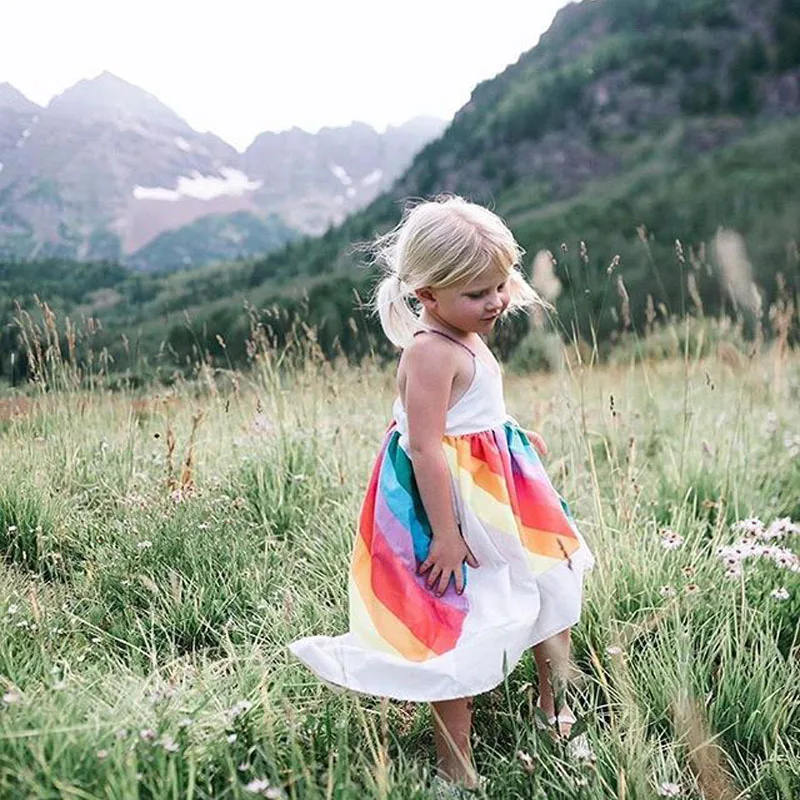 2021 Girls Princess Dress Rainbow Printed Sling Children's Kids Clothes Fashion Summer Toddler Party | Детская одежда и обувь