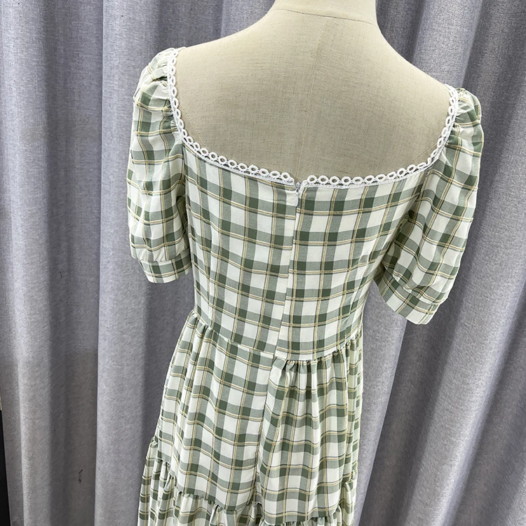 

Green Plaid Print Bodycon Long Dress Women Square Neck Puff Sleeve Sexy Elegant Casual Light Summer Sundresses Beach Party Robe