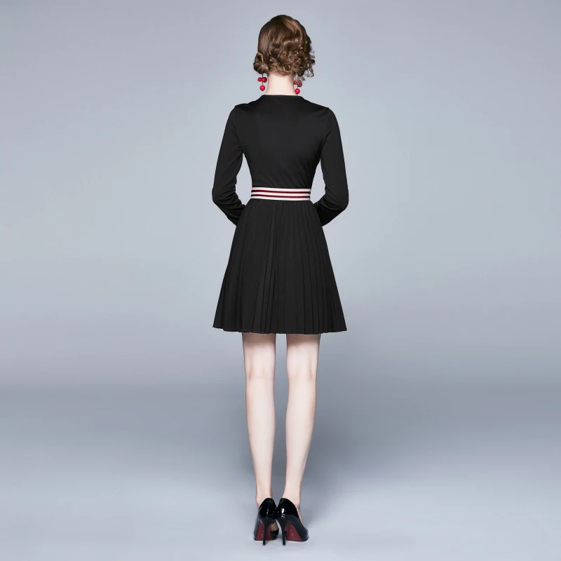 

New Elegant Fashion Women Black Slim Tunic Pleated Dress Evening Party Clothing Lady Long Sleeve Dresses