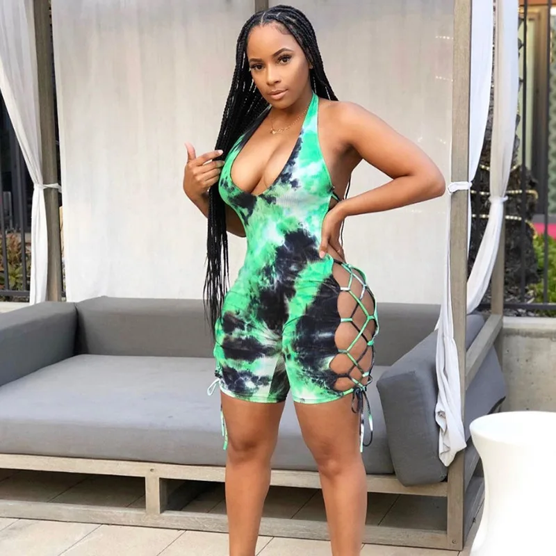 Полый эластичный комбинезон с галстуком-краской для женщин 2020 Сексуальные
