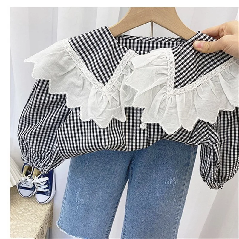 

Mudkingdom Little Girls Shirts Plaid Solid Ruffles Turn-down Collar Long Puff Sleeve Kids Tops for Toddler Cute Girl Clothes
