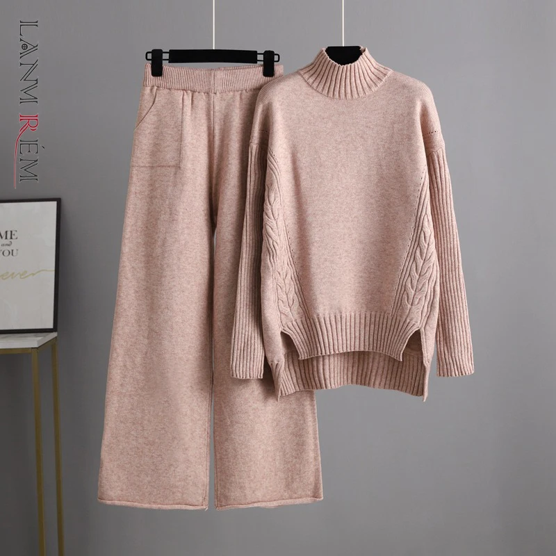 

LANMREM 2023 Spring Winter New Loose High Neck Sweater Wide Leg Pants Two Piece Set Women Long Sleeve Warm Female Fashion 2W401