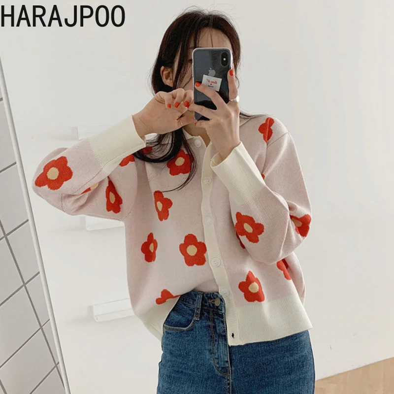 

Harajpoo Cardigans Women 2021 New Early Autumn Sweater Retro Chic Korean Lapel Hit Color Flowers Loose Long Sleeve Knit Tops