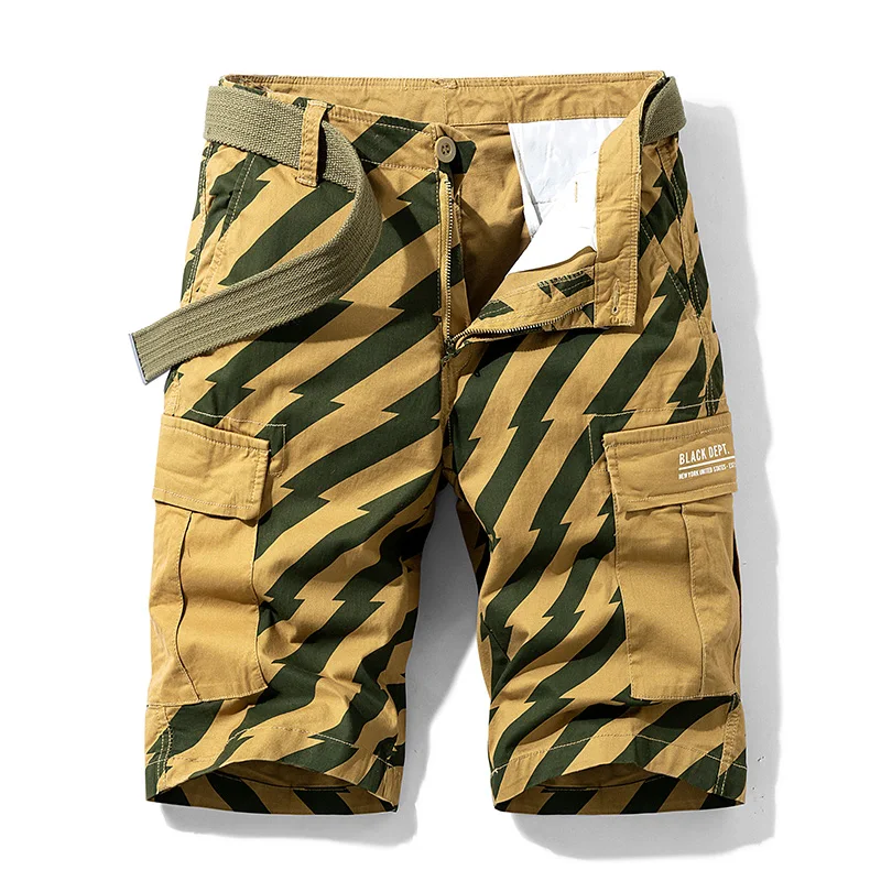 Pure Cotton Summer Mens Cargo Shorts Boys Casual Pocket Streetwear Plus Size Male Long Bermuda Graphic Striped Z155
