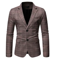 men check blazers formal casual business work office suit jacket plaid fashion party prom daily life single breasted gray coffee