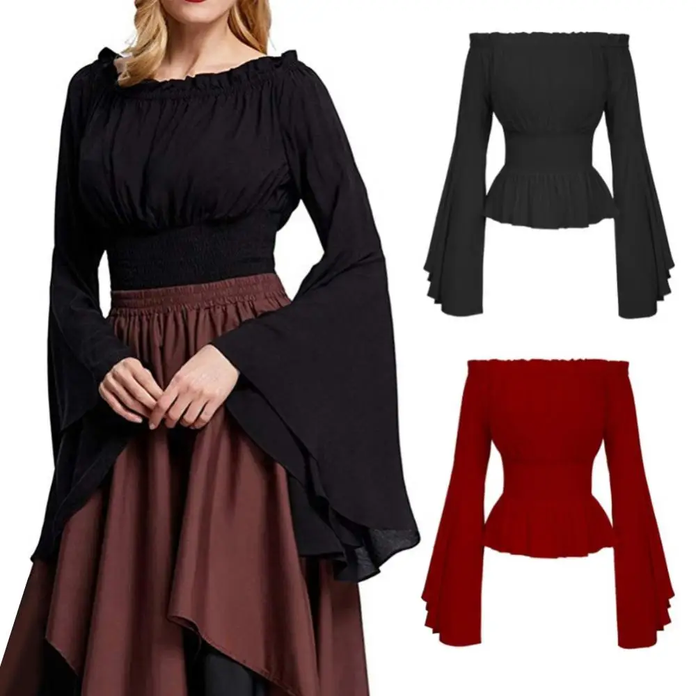 

50%HOT Women Medieval Renaissance Solid Color Bell Sleeve Ruffled Off Shoulder Blouse