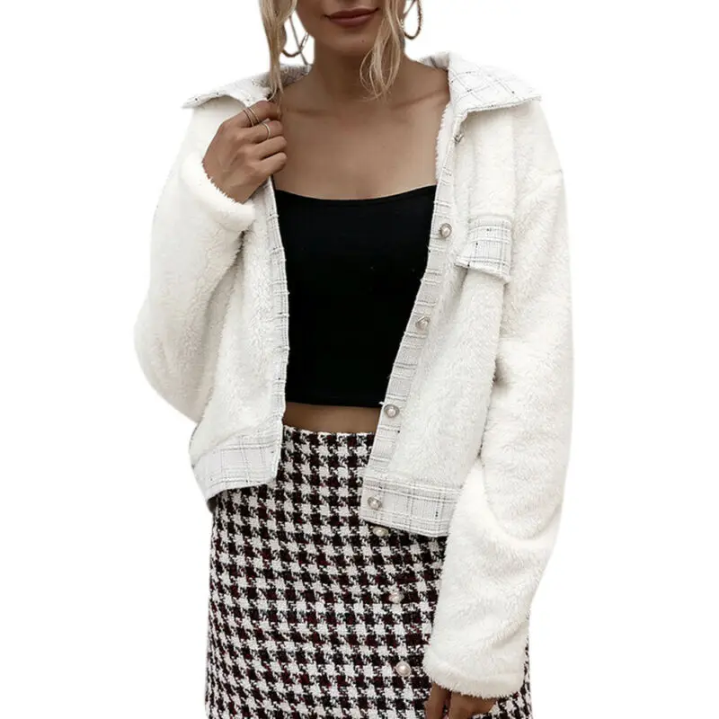 

Women Fluffy Short Jacket Coat Button Casual Winter Warm Cardigan Tops Outwear