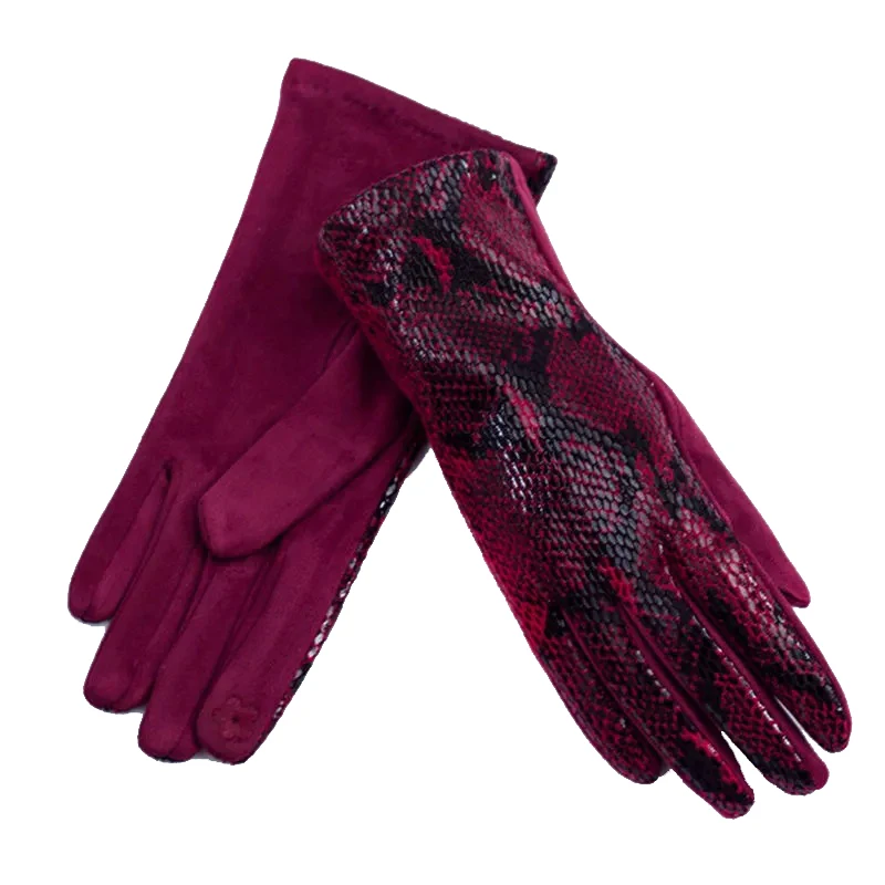 

Зимние кожаные перчатки в стиле змеиной кожи, Женские винтажные модные перчатки из замши с узором для сенсорного экрана, утолщенные варежки...