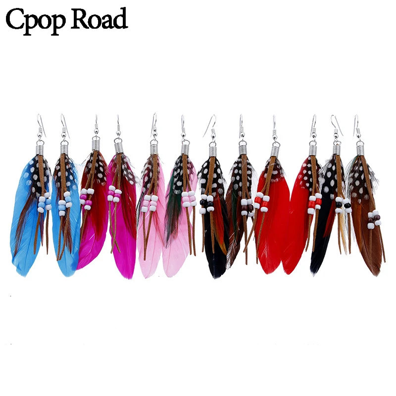 Винтажные серьги Cpop в стиле бохо с перьями павлина кожаные кисточками и
