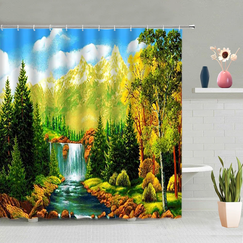 

Scenery Shower Curtain Waterfall Elk Birds Flowers Bamboo Coconut Trees Lotus Goldfish Pattern Waterproof Fabric With Hook Suit
