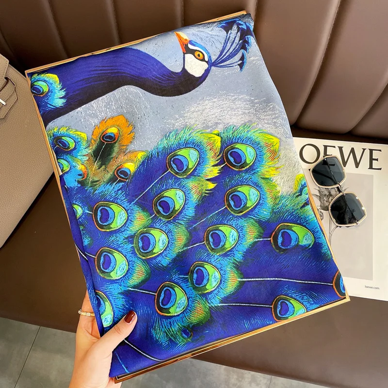 Женский Шелковый зимний шарф роскошный дизайн принт павлина Женская пляжная
