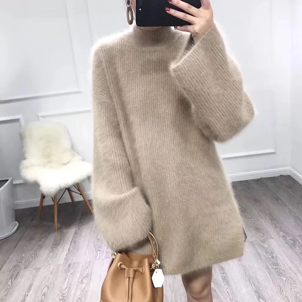 Autumn Winter Long Turtleneck Sweater Women Loose Lazy Oaf Flare Sleeve Fluffy Synthetic Mink Cashmere Sweater Knitted Jumpers