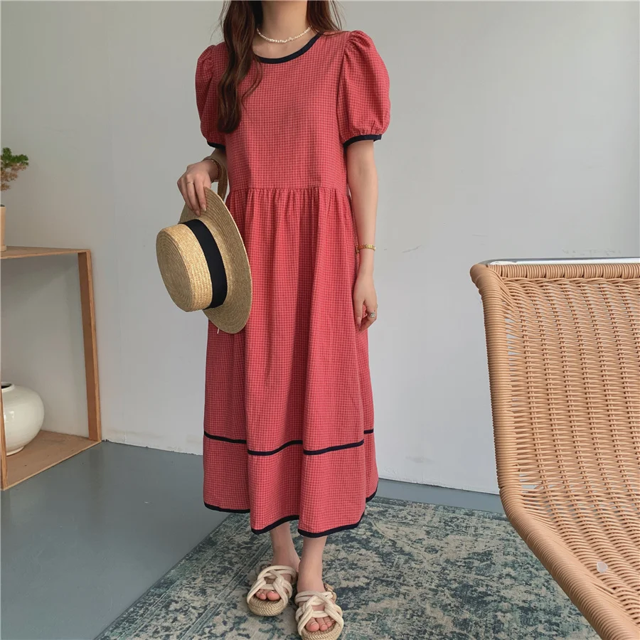 

Sweet Preppy Style Red Vintage Loose A-Line 2021 Retro Geometric Casual Prom Femme Plaid Chic Long Dress Vestidos