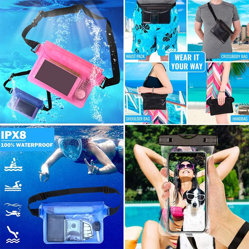 Swimming/Hiking/Diving/Boating/Snorkeling/Supplies 2pcs Waterproof Mobile Phone Bag + 2pcs Waterproof Waist Bags BHD2