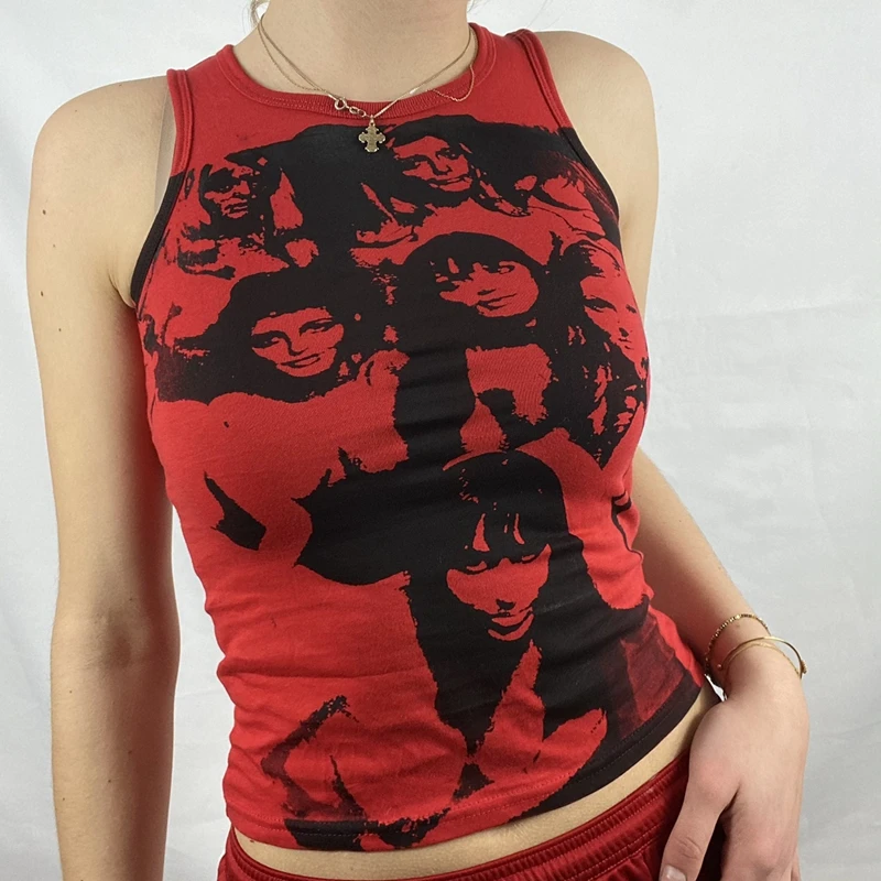 Y2K Aesthetic Gothic Tank Top Harajuku Hip Hop Graphic Print Sleeveless Crop Women Summer Slim Fit Mini Vest Streetwear | Женская одежда