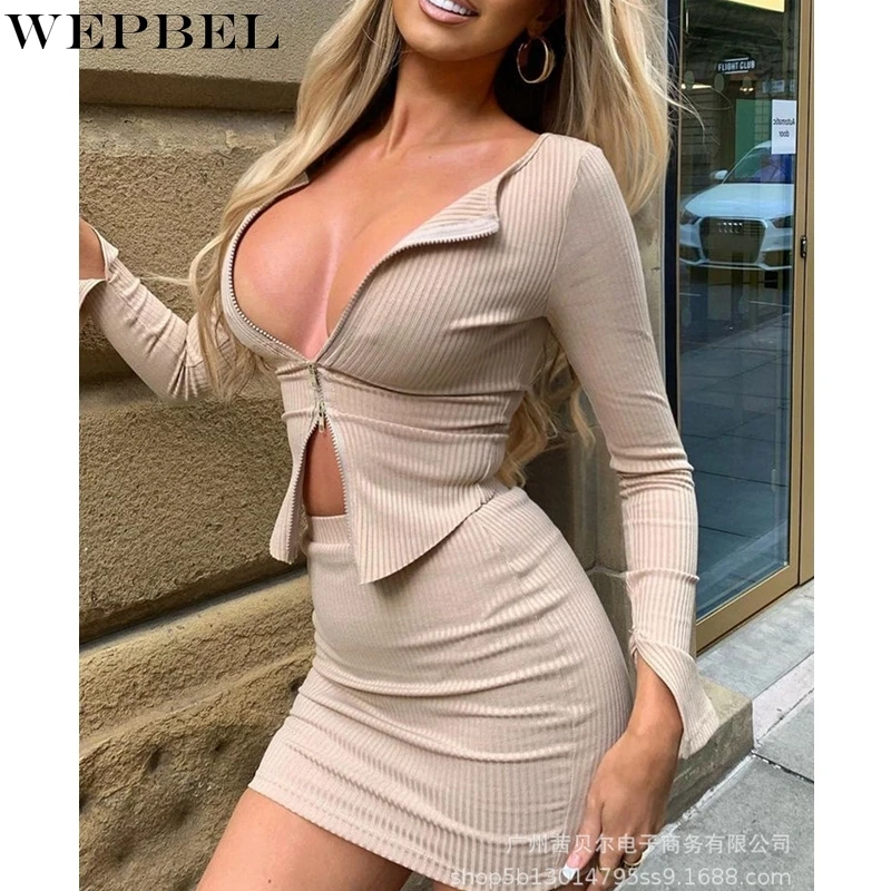 

Женский пикантный однотонный облегающий костюм WEPBEL из двух предметов, летний Кардиган с длинным рукавом и V-образным вырезом и юбка с высоко...