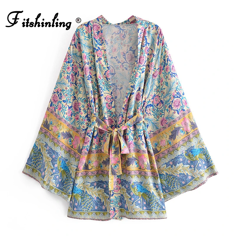 

Модное пляжное кимоно Fitshinling, новая блузка с цветочным принтом, женская накидка, бикини, накидка, купальник, хлопковый тонкий винтажный кард...