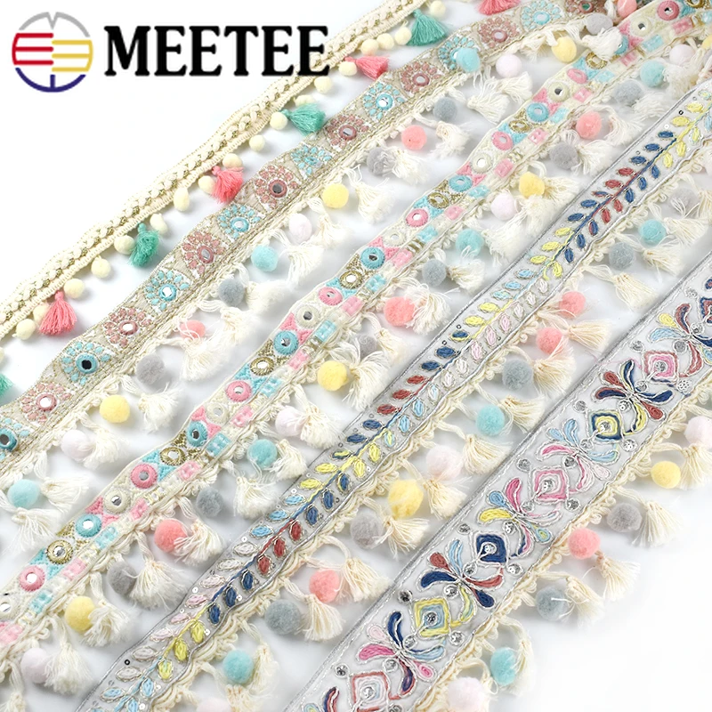 3 м Meetee вышитый жаккардовый кружевной ленты хлопок кисточкой помпон отделка DIY