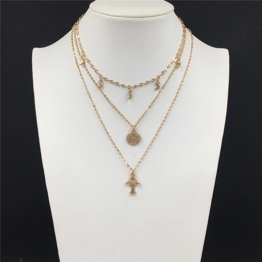 Модное многослойное ожерелье золотого цвета с покрытием крест Луна круглый диск