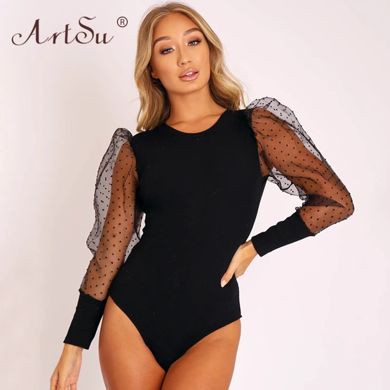 ArtSu Women Sexy Black Bodysuit Streetwear O-Neck Patchwork Long Sleeve Mesh Polka Dot Print Body Top Casual Overalls