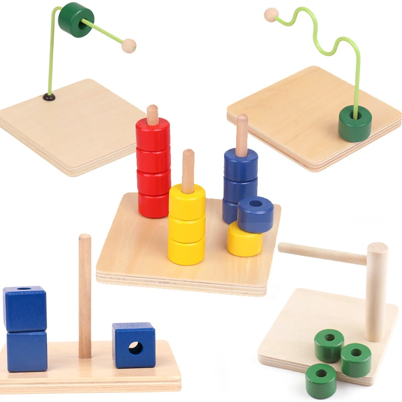 Деревянные игрушки Монтессори для младенцев диски на горизонтальном дюбеле