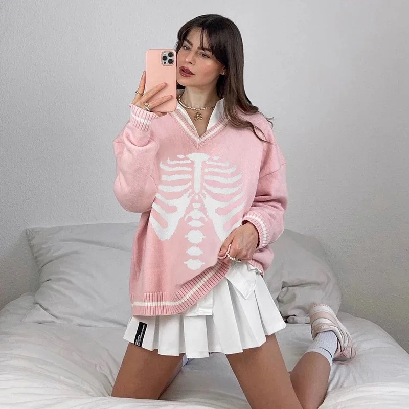 

New Fall Knitted Pink Sweaters Women Skeleton Print Long Sleeve V-Neck Pullover Tops Female Korean Preppy Style Kawaii Jumpers