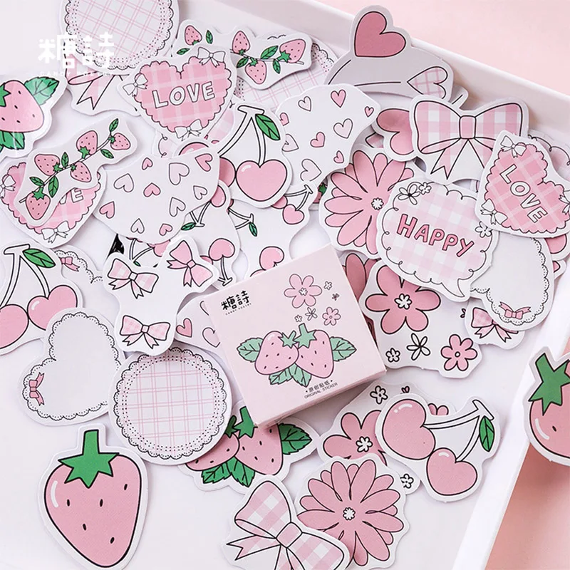 

45Pcs Pink Strawberry Cherry Kawaii Stickers DIY Decorative Journal Scrapbook Water Bottle Stationery Graffiti Cute Kid Sticker