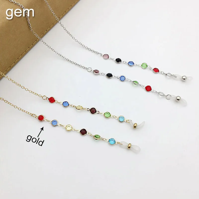 gem gold Винтажные цепочки для солнцезащитных очков, женские и мужские жемчужные цепочки для очков из нержавеющей стали, ремешок на шею, цепочка для очков с бусинами для чтения - Цвет: gem gold
