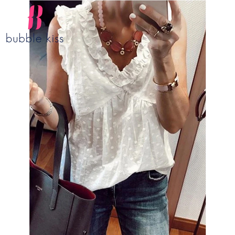 Майка женская с V образным вырезом элегантная милая блузка оборками в горошек