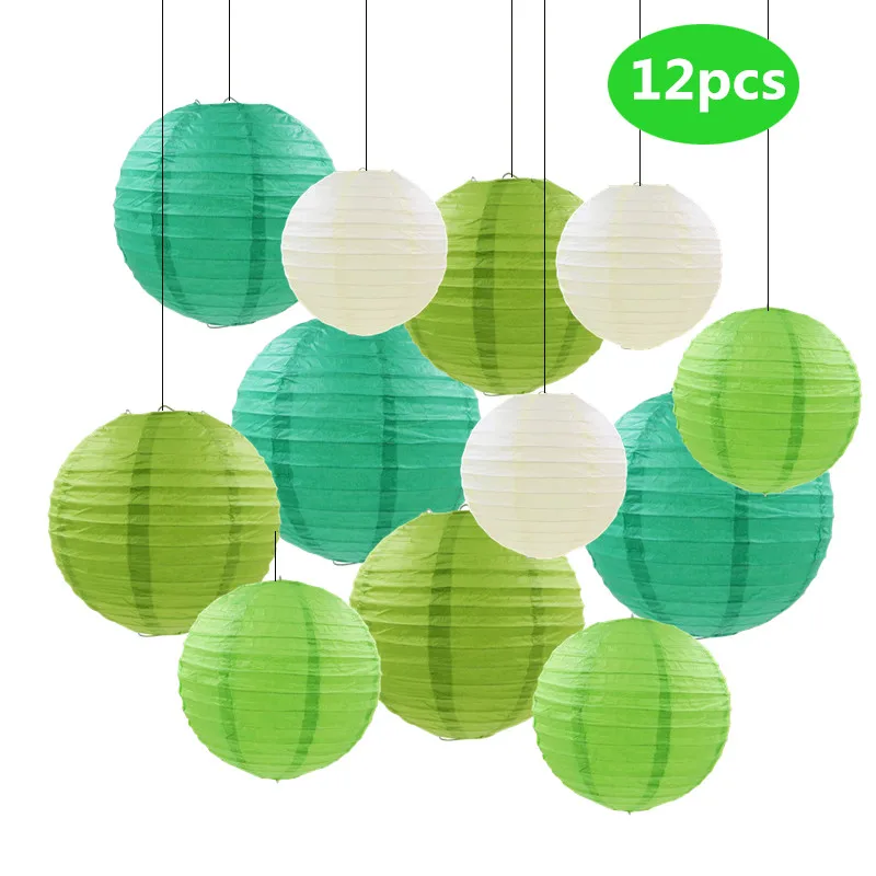 

12 Pcs/set Paper Lanterns with Assorted Sizes Round Mix Colors Green Beige Chinese Paper lamp Wedding Party Hanging Decor