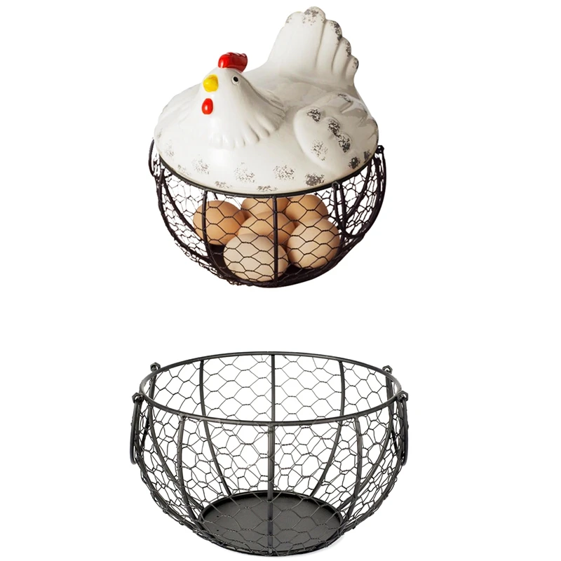 

Top!-iron Egg Storage Basket Snack Fruit Basket Creative Collection Ceramic Hen Oraments Decoration Kitchen Accessories