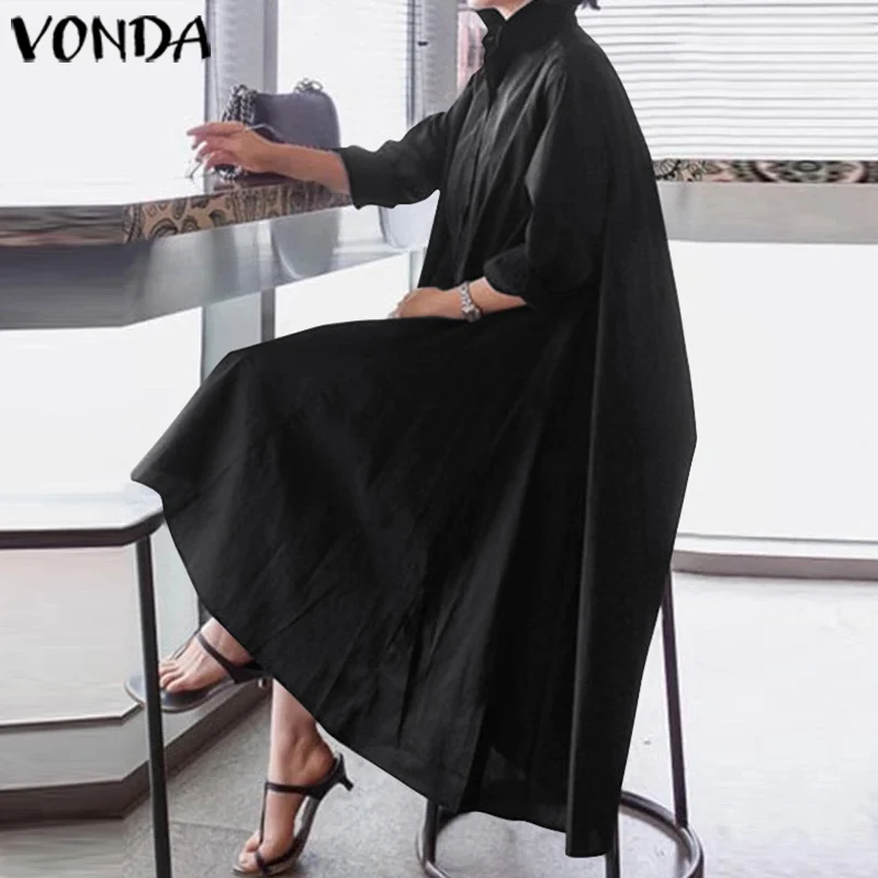 VONDA, женский сарафан, белое сексуальное платье, повседневное, свободное, с отложным воротником, асимметричное платье-рубашка, женское, с разрезом, вечерние, Vestidos 5XL