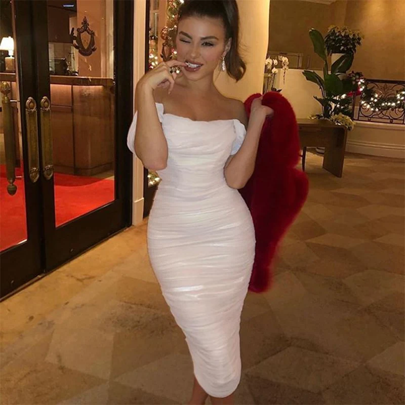 White COSYGAL,, без бретелек, миди, облегающее платье, длина до колена, элегантное, для вечеринок, женское, Двухслойное, красное платье, Vestidos De Festa - Color: White