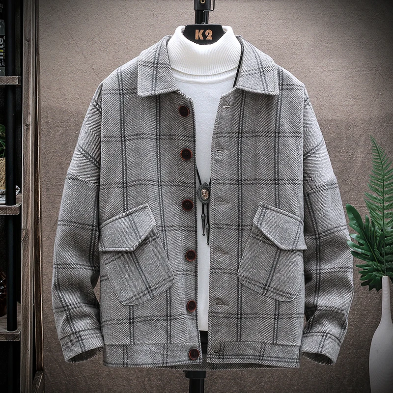 Куртка мужская шерстяная в клетку повседневная верхняя одежда Корейском стиле