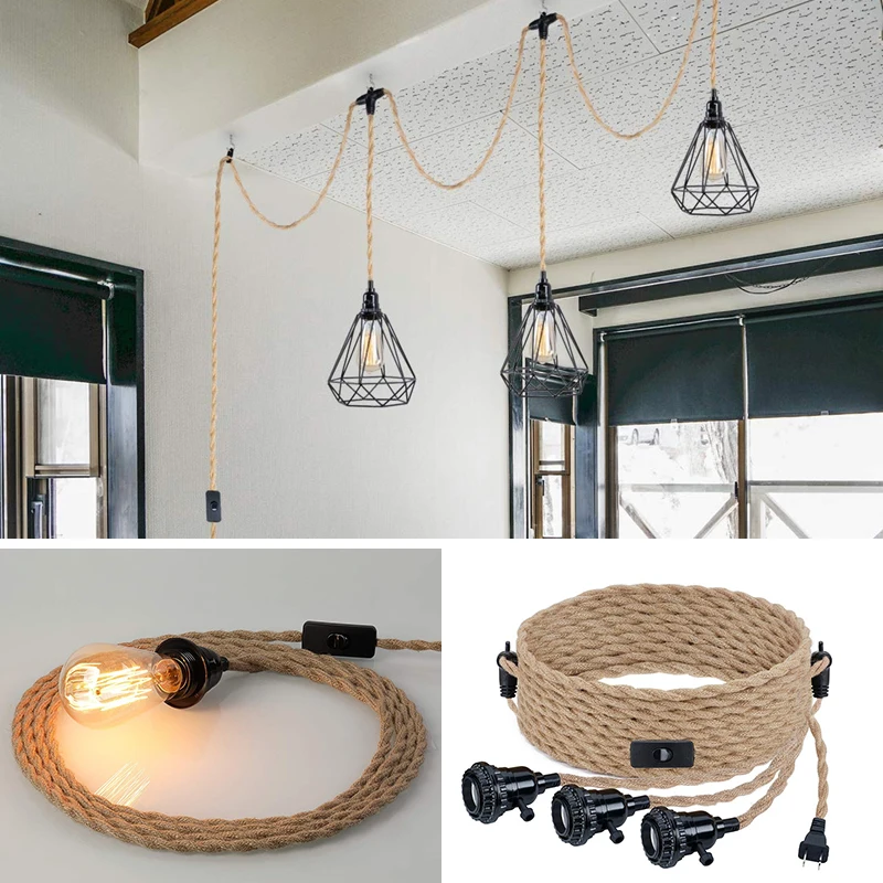 

Retro Industrial Style LED Hemp Rope Pendant Light E27 Base Droplight Holder Dining Room Cafe Kitchen Home Decor Lamps EU/US