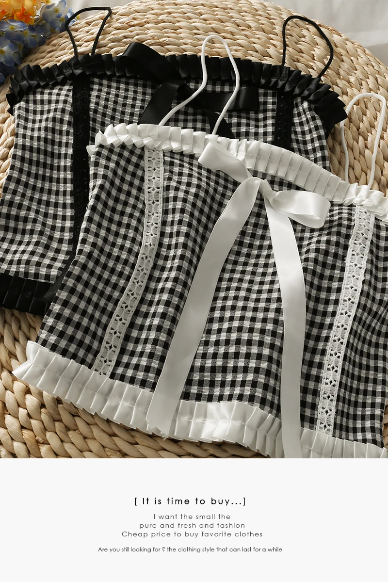 

Niche Bow Tie Check Pattern Short Umbilical Sling Female New Color Matching Folds All-match Outer Wear Small Vest