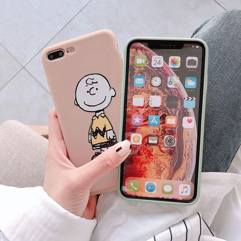 Kawaii Anime Charlie Brown Cases Silicon Cover For iPhone 7 7Plus 8 6s 6 Plus X XS MAX XR Cartoon Candy Color Couple Coque |