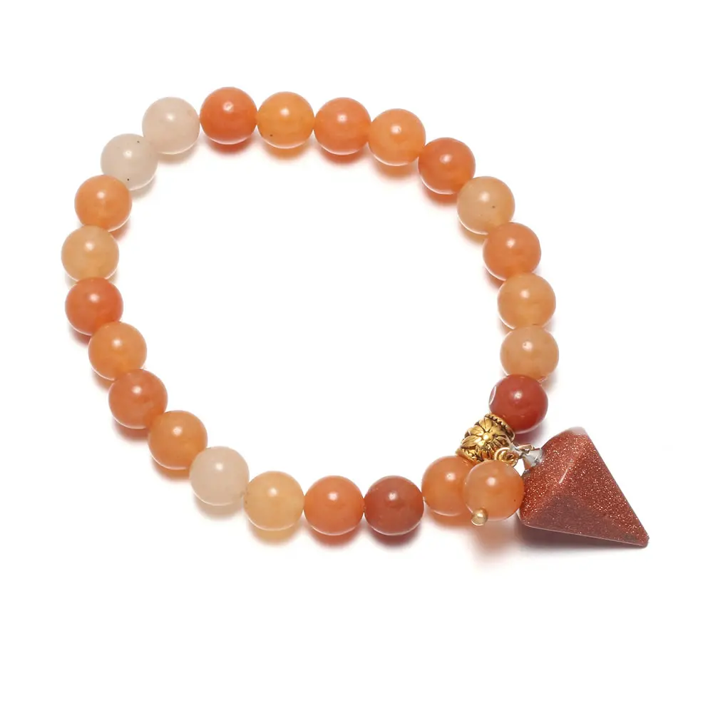 

High-Quality Bracelets Natural Stone Topaz Round Beads With Gold Sand Stone Pendant Bangle for Unisex Charm Jewelry Gift 19cm