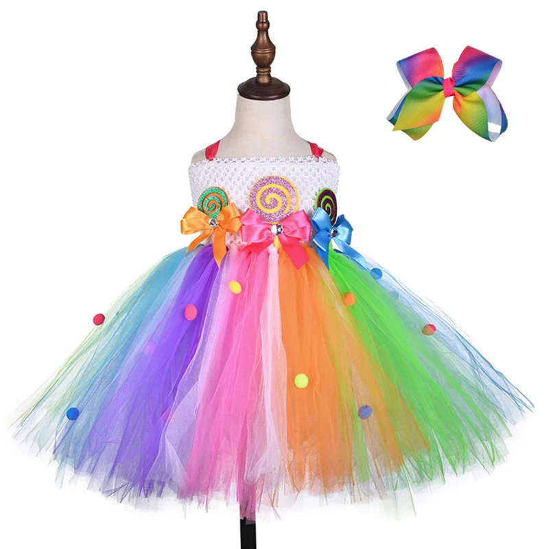 

Sweet Rainbow Candy Girls Tutu Dress Cute Bow Christmas Party Princess Dress Kid Easter Carnival Halloween Costume Birthday Gift
