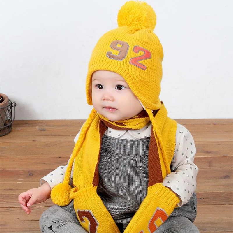 Детская шапка шарф перчатки комплект Осень-зима вязаная шерстяная для мальчиков