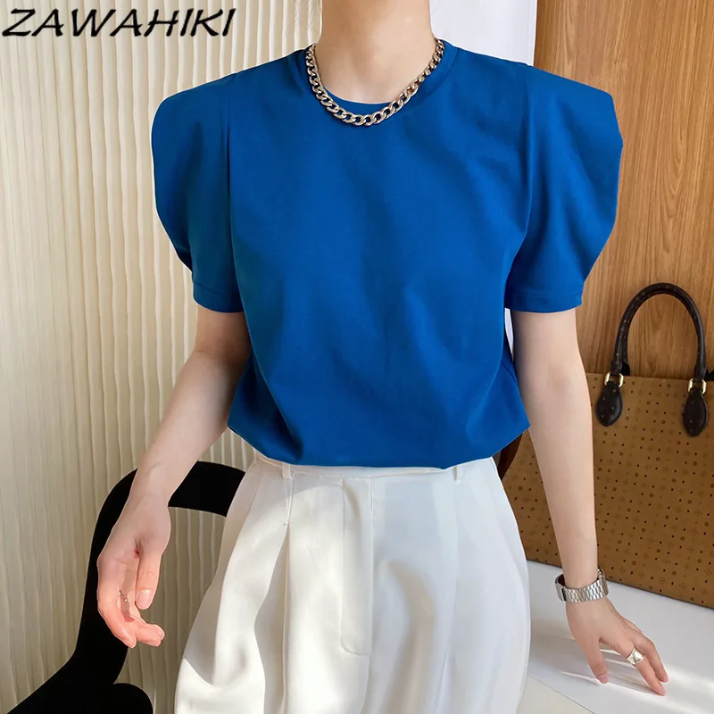 

Zawhiki корейские в Instagram элегантные модные футболки женские летние с круглым вырезом с коротким рукавом с буфами свободные однотонные Топы пр...