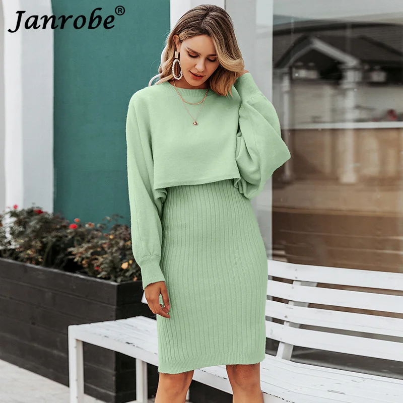 

Janrobe Women's Knitted Dress Two Piece Set 2021 Autumn Winter Long Sleeve Pullover Tops Midi Skirt Suit Female Outfits Clothing