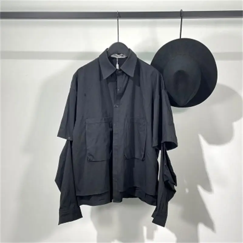 Original Spring and autumn dark fashion male fake two loose simple pure-color shirt Japanese street style designer jacket