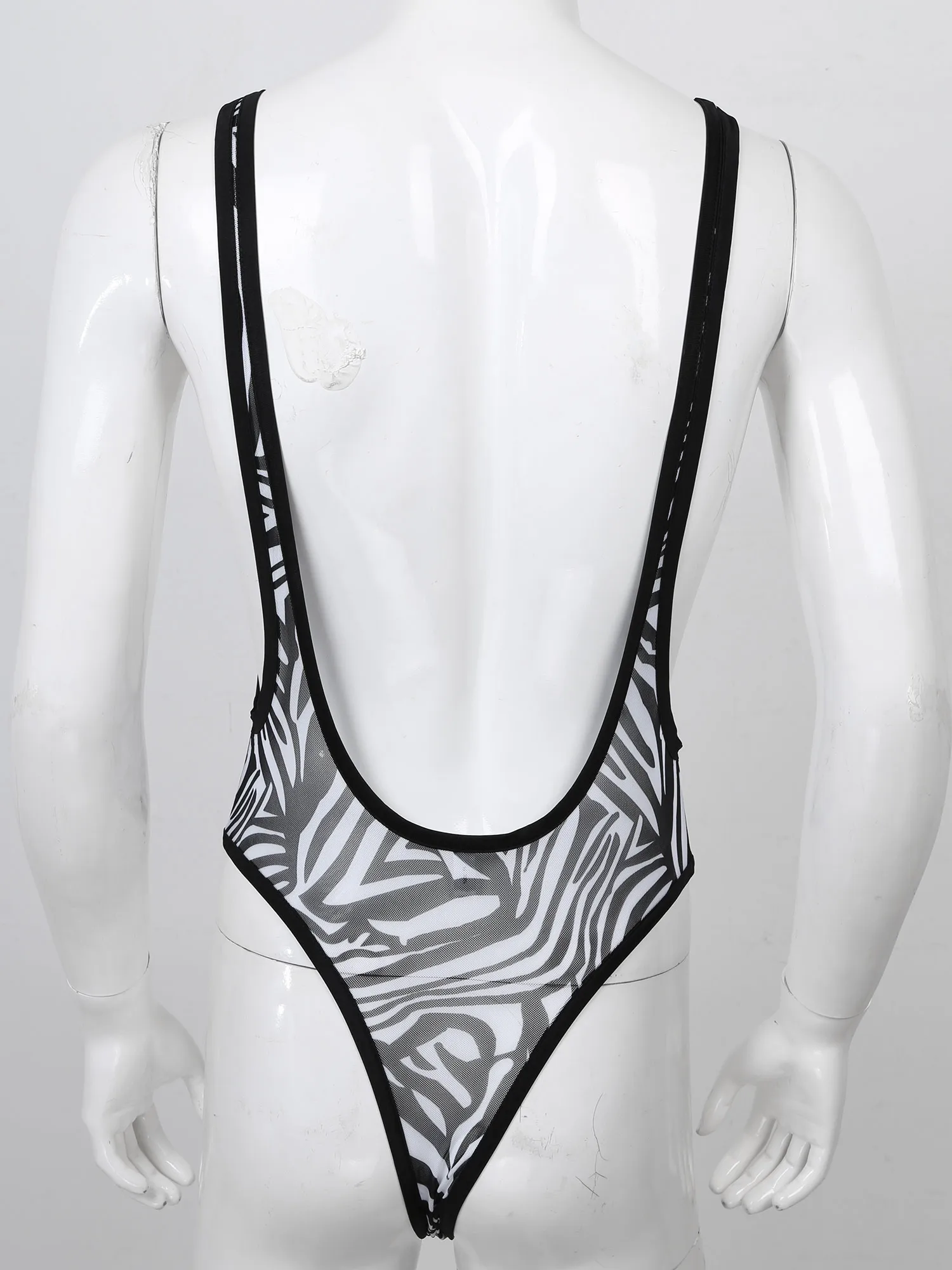 

Mens Male Sheer Mesh Zebra Bodysuit Romper Skinny Teddies Costumes Singlet Lingerie Jockstraps Pouch Underwear Man Bodystocking