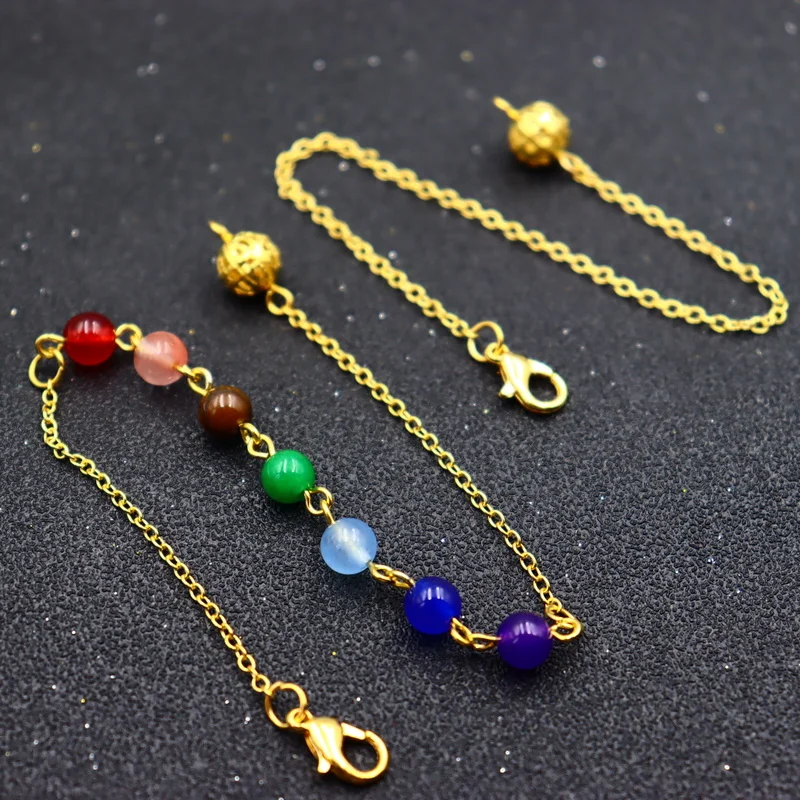 10Pcs 7 Chakra Chain Round Stone Beads Crystal Chakra Pendulum Chain Necklace Amulet Pendule Reiki Pendulums Divination Dowsing images - 6