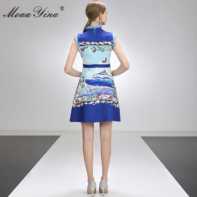 

MoaaYina Fashion Designer Dress Summer Women's dress Sleeveless Ruffles Beaded Beach Floral-Print Vacation Short Dresses
