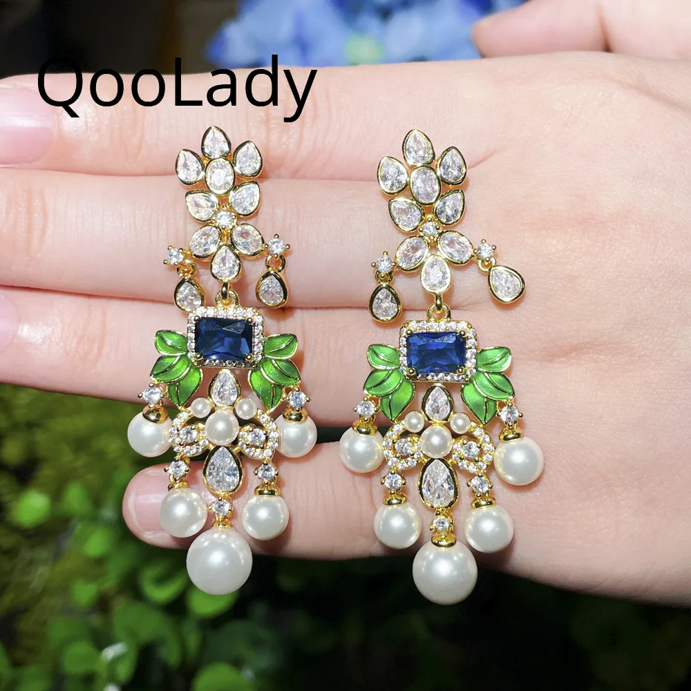 

QooLady Elegant Blue Square Gold Cubic Zirconia Dubai Indian Bridal Wedding Women Long Dangle Pearl Earring Fashion Jewelry E097