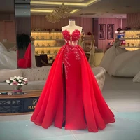 red elegant prom dresses luxury sleeveless sequins lace appliques high split women evening pageant gowns plus size custom made