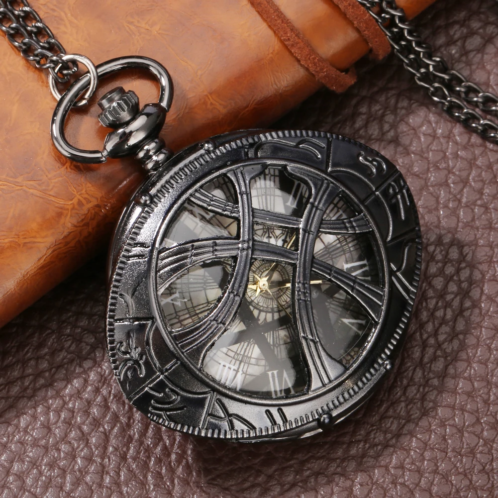 

Classic Dr. Strange's Eye of Agamotto Hollow Quartz Pocket Watch Men Black Doctor Who Necklace Chain Unique Clock Steampunk Gift